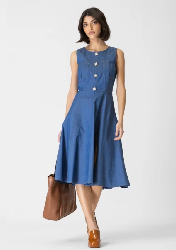 Φόρεμα Jean Κλός με Τσέπες Και Κουμπιά Βαμβακερό Αμάνικο Εβαζέ