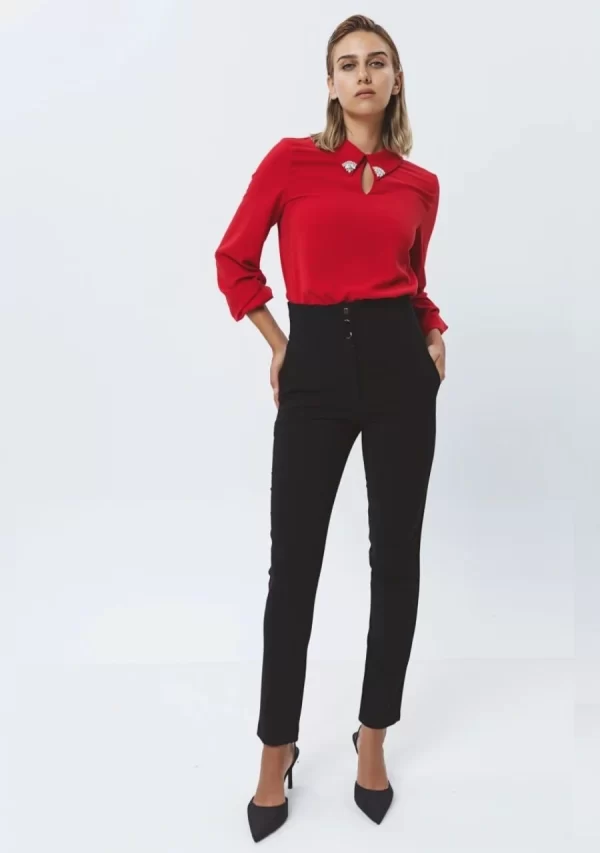 Μπλούζα Ζορζέτα Με Γιακά Με Μοτίφ Κόκκινη