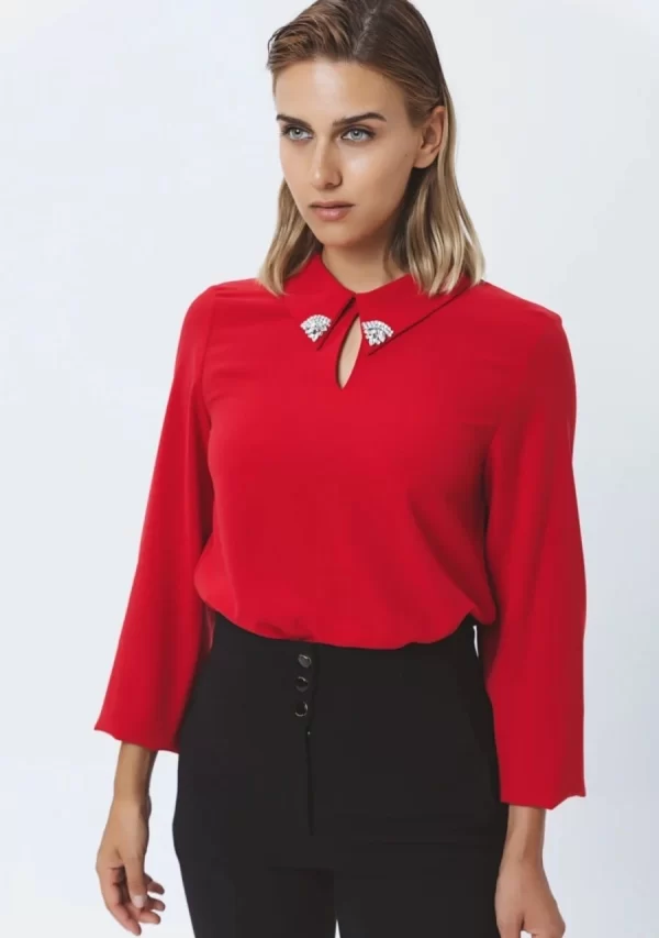 Μπλούζα Ζορζέτα Με Γιακά Με Μοτίφ Κόκκινη Γυναικεία