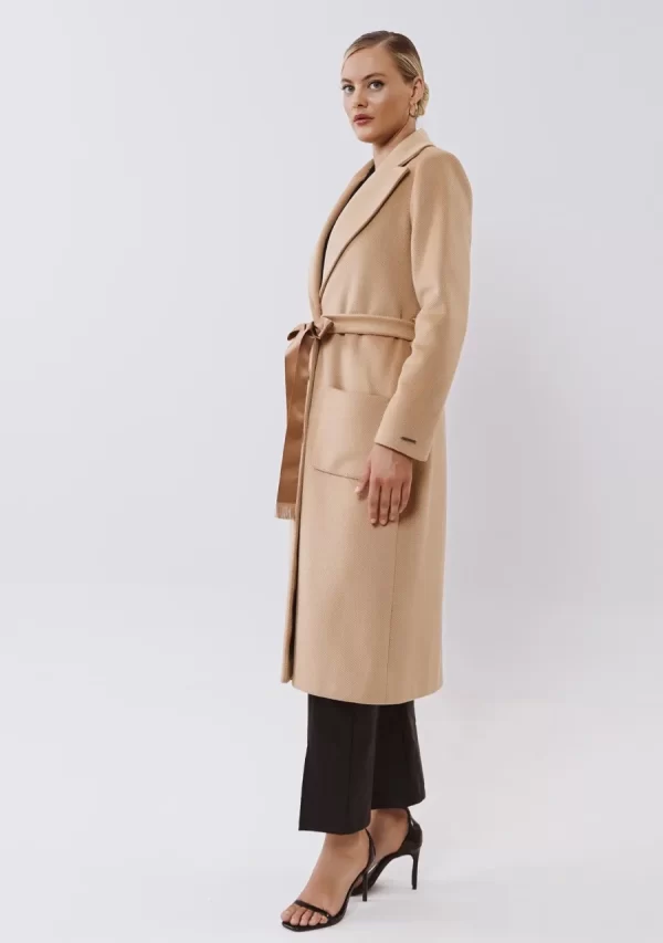 Παλτό Βελούρ Διαγωνάλ Μακρύ Με Ζώνη Καμηλό