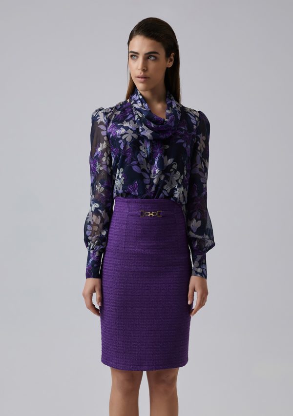 Φούστα Tweed Μώβ Με Χρυσή Τόκα