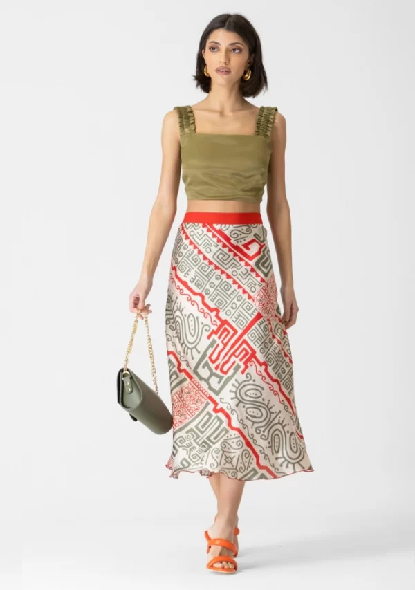 Φούστα Σατέν Εμπριμέ με Λάστιχο Εβαζέ