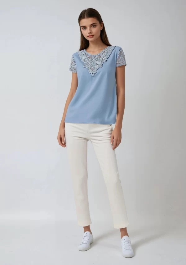 Μπλούζα με Κέντημα Κοντομάνικη Σιέλ