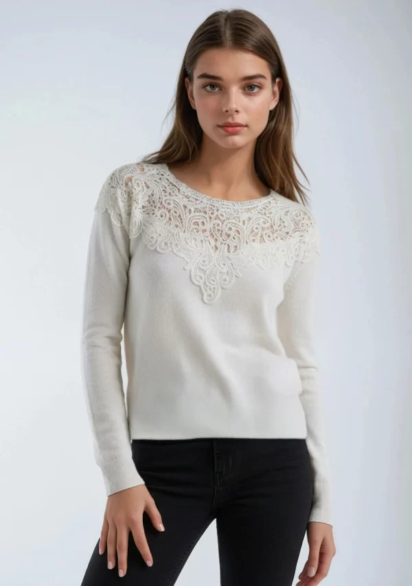 Μπλούζα Πλεχτή με Δαντέλα Άσπρη