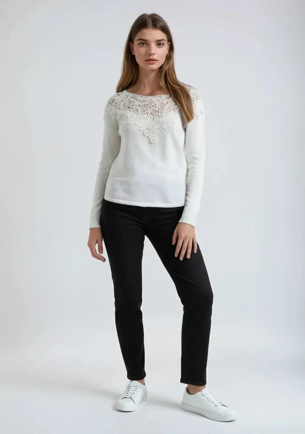 Μπλούζα Πλεχτή με Δαντέλα Άσπρη Γυναικεία