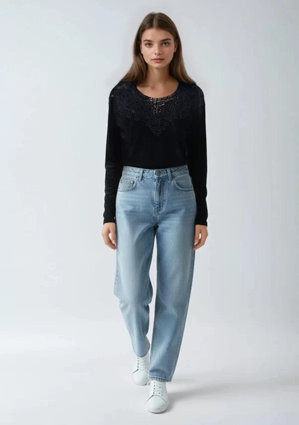 Μπλούζα Πλεχτή με Δαντέλα Μαύρη