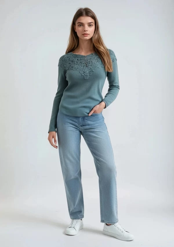 Μπλούζα Πλεχτή με Δαντέλα Πετρόλ