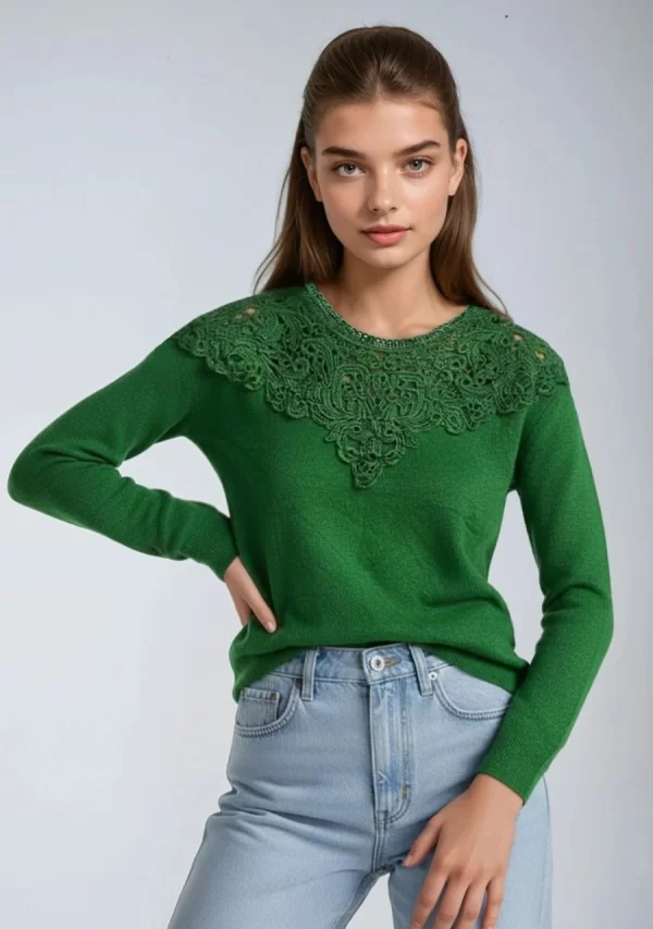Μπλούζα Πλεχτή με Δαντέλα Πράσινη