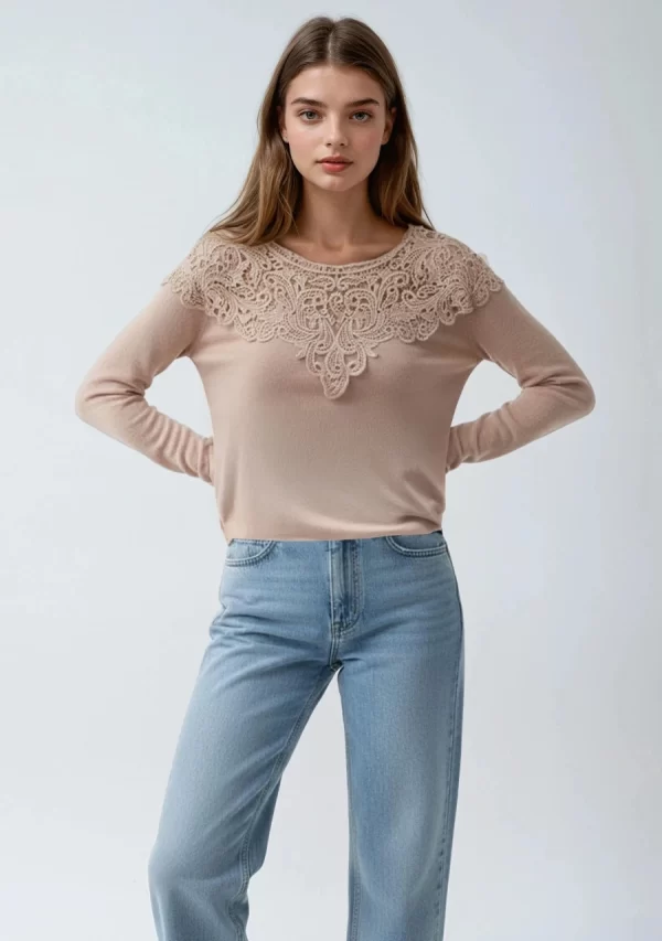 Μπλούζα Πλεχτή με Δαντέλα Ρόζ