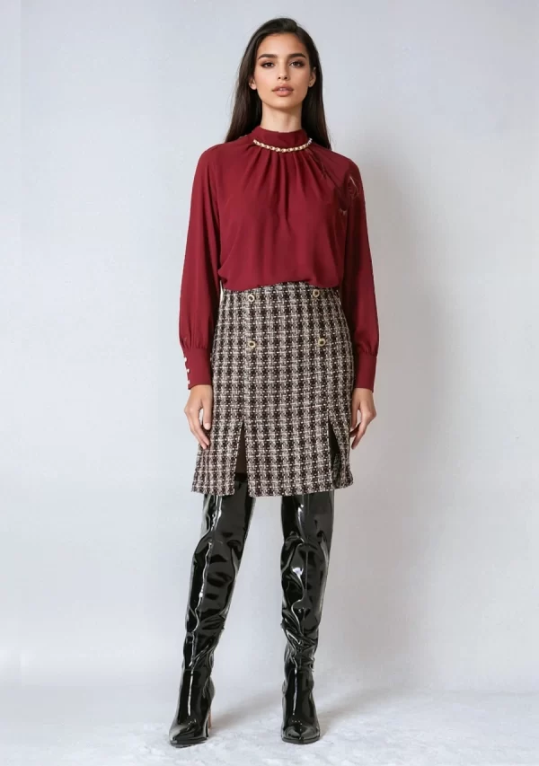 Φούστα Tweed με Σχίσιμο και Κουμπιά