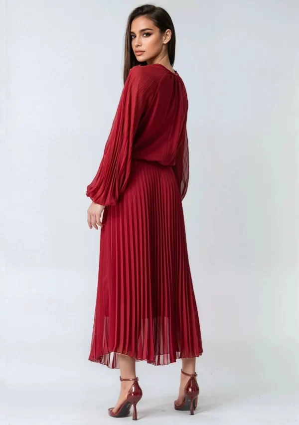 Φόρεμα Μουσελίνα Πλισέ με Ρεγκλάν Μανίκι Μπορντώ