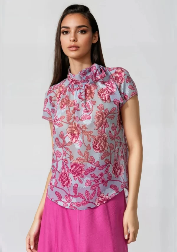 Μπλούζα Μουσελίνα Ζακάρ Εμπριμέ Κοντομάνικη