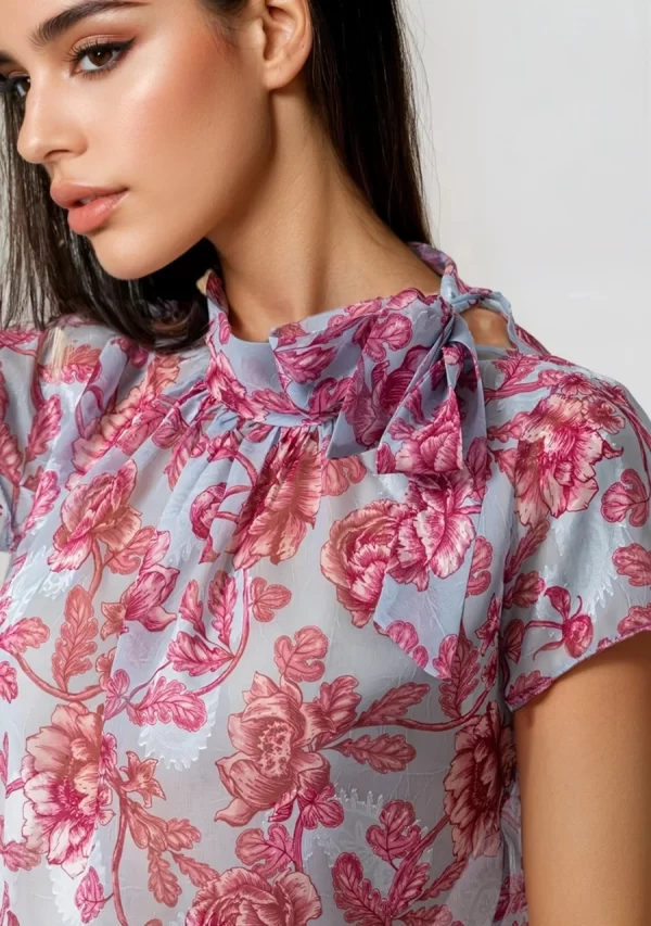 Μπλούζα Μουσελίνα Ζακάρ Εμπριμέ Κοντομάνικη με Δέσιμο