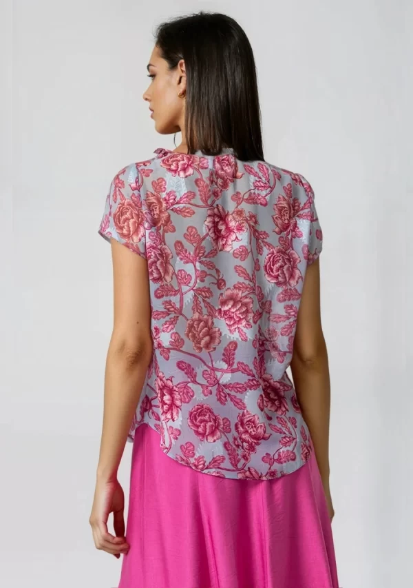 Μπλούζα Μουσελίνα Ζακάρ Εμπριμέ Κοντομάνικη με Δέσιμο στο Λαιμό Γυναικεία