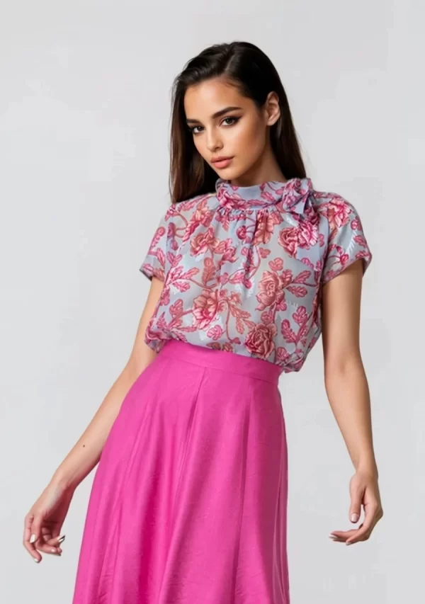 Μπλούζα Μουσελίνα Ζακάρ Εμπριμέ με Δέσιμο στο Λαιμό Γυναικεία