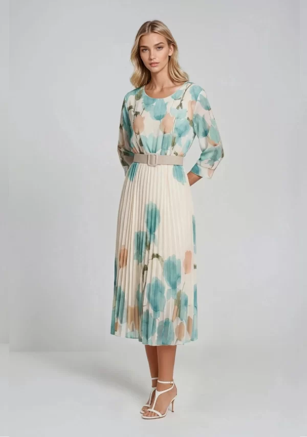 Φόρεμα Πλισέ Μίντι με Ζώνη Εμπριμέ